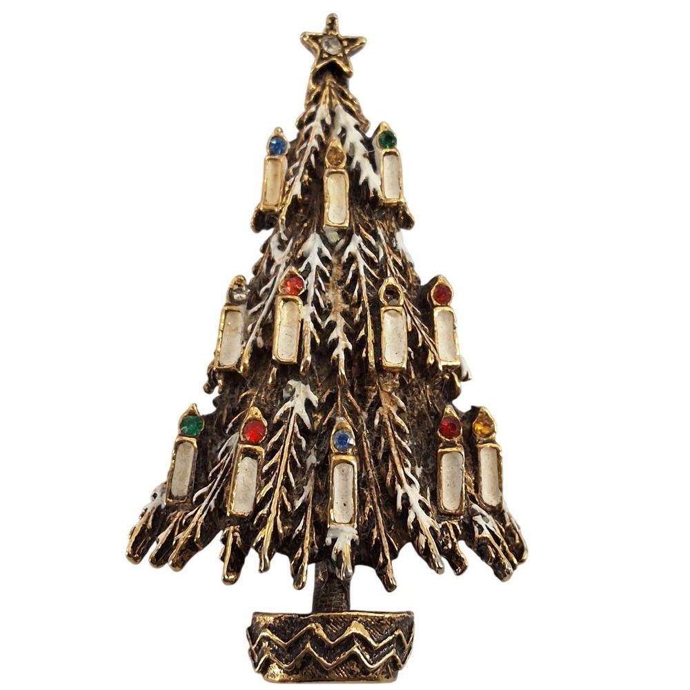 Vintage Signed ART Aurther‎ Pepper Christmas Tree Brooch Gold Tone Snowy Enamel